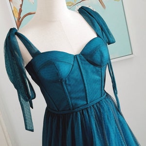Teal Tulle Bridesmaid Dress: Off-Shoulder Tie Bow Party Dress