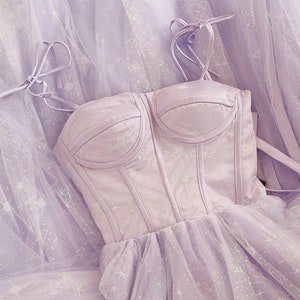 Lilac Starry Tulle Prom Dress: Long Lavender Homecoming Gown