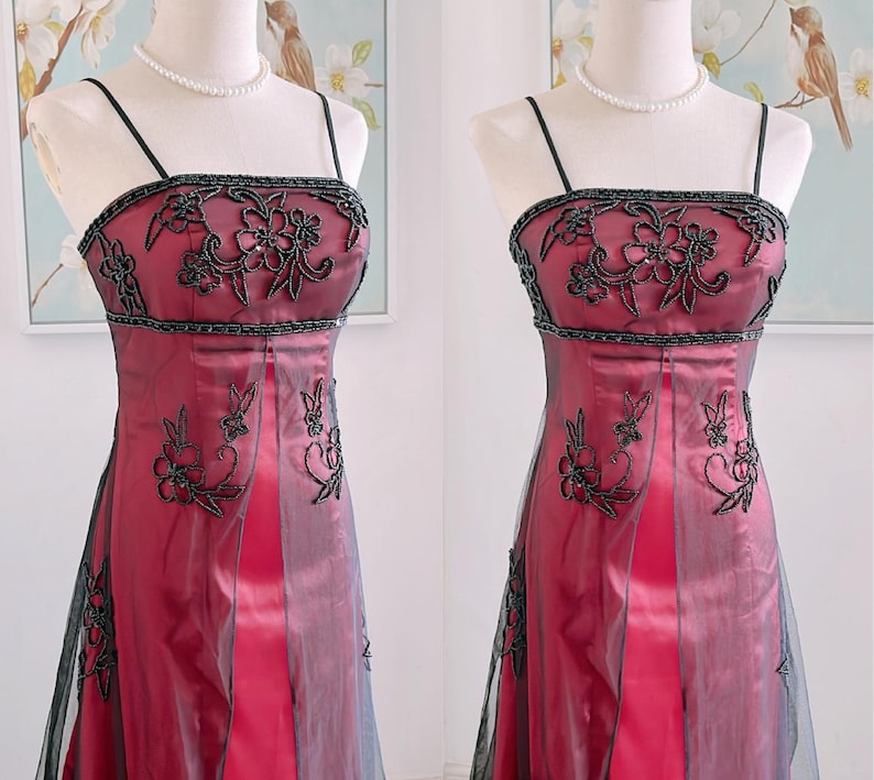 Vintage 90S Burgundy Prom Dress Y2K Black Beaded Gown Prom Party Dresses image 9
