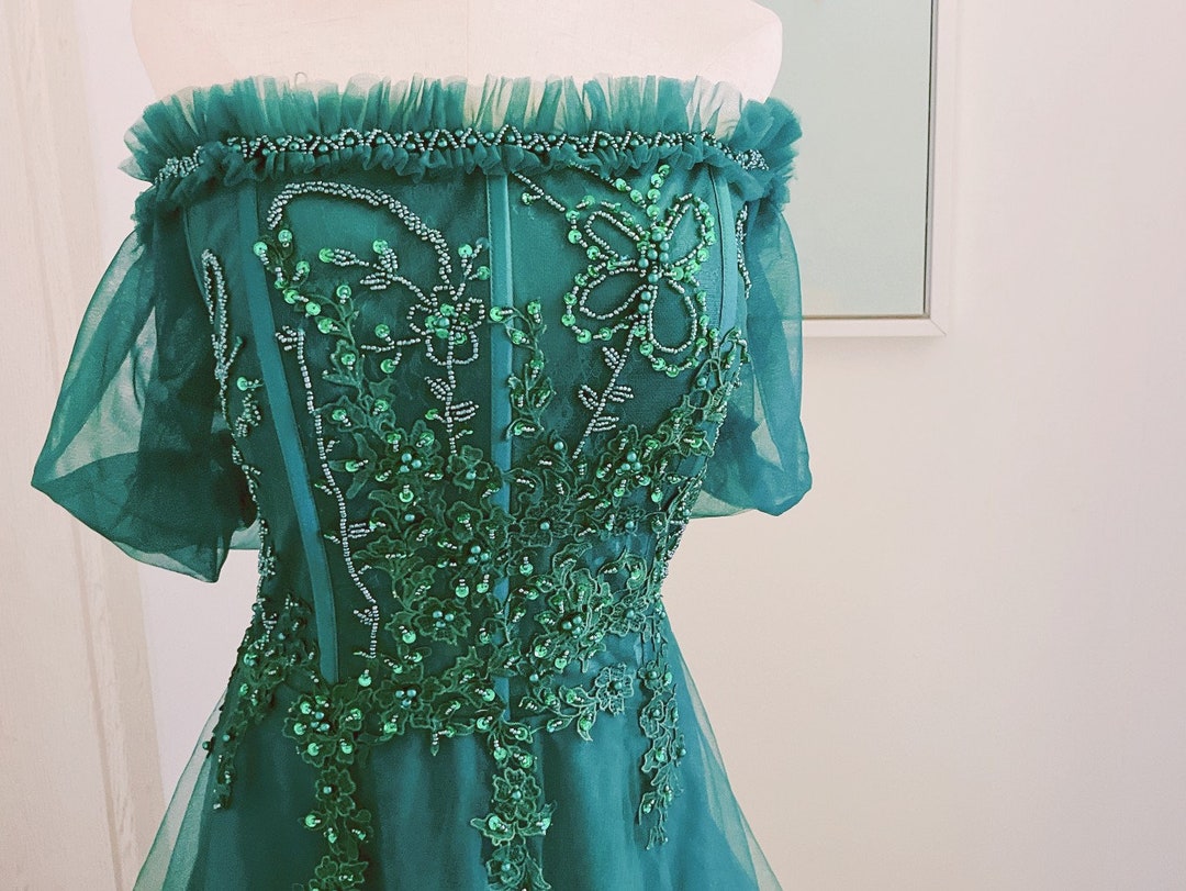 emerald green ruffle prom dress Emerald Green Strapless Tiered Ruffle Chiffon Slit Prom Dress – FancyVestido main image 1
