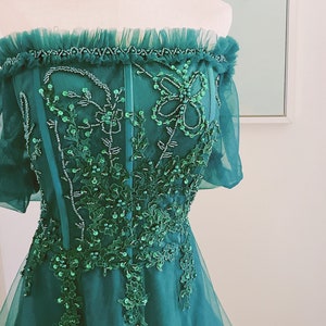 off shoulder emerald green prom dresses fairy dark green tulle prom dresses short sleeve lace prom dresses prom evening dress with beads