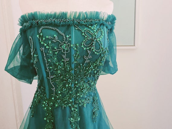 emerald green beaded prom dress Luxury One Shoulder Satin Beaded Evening Dress Emerald Green Mermaid P   Frisco Dresses