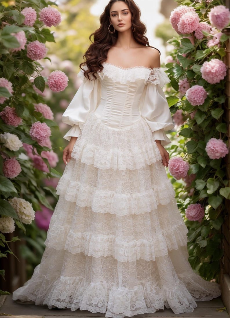 Pode incluir: Um vestido cor de creme com ombros descobertos, apresentando um corpete estilo espartilho, mangas compridas bufantes com acabamento em renda e uma saia longa composta por v&aacute;rias camadas de tecido de renda floral com bainha recortada.