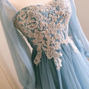 Modest Dusty Blue Tulle Bridesmaid Dress With Long Sleeves,sweetheart ...