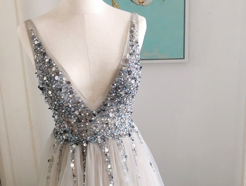 Grey Deep V Neck Sequin Prom Dresslong Tulle Prom Evening | Etsy