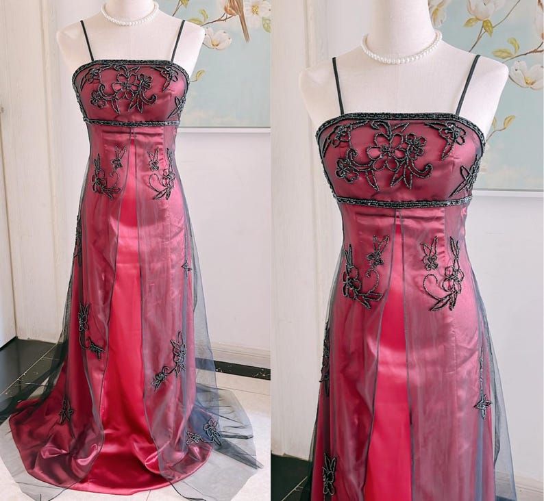 Vintage 90S Burgundy Prom Dress Y2K Black Beaded Gown Prom Party Dresses image 3