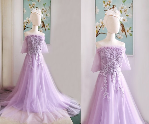 A Purple Tulle Long Sleeve Prom Dress