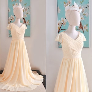 Flutter Sleeve Yellow Chiffon Bridesmaid Dress Long,Summer Beach Yellow Bridesmaid Dress,Plus Size Bridesmaid Dress with Short Sleeve