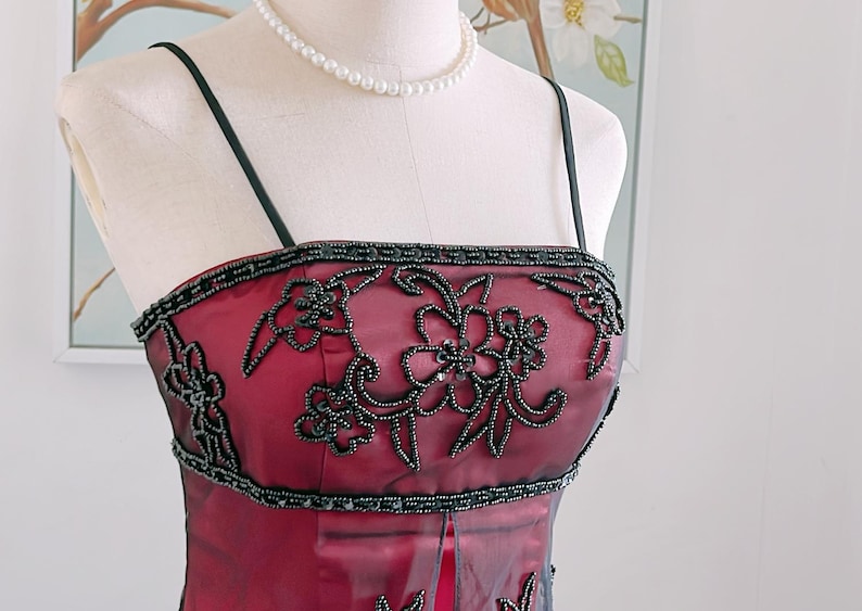 Vintage 90S Burgundy Prom Dress Y2K Black Beaded Gown Prom Party Dresses image 7