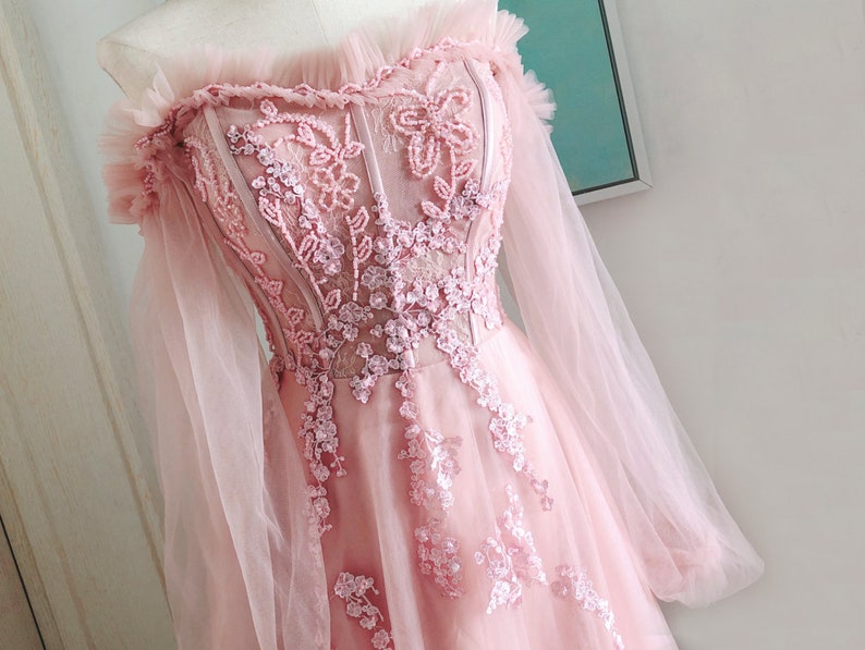 blush fairy prom dresses,long blush pink prom dresses with long sleeve,pink formal prom dresses image 6