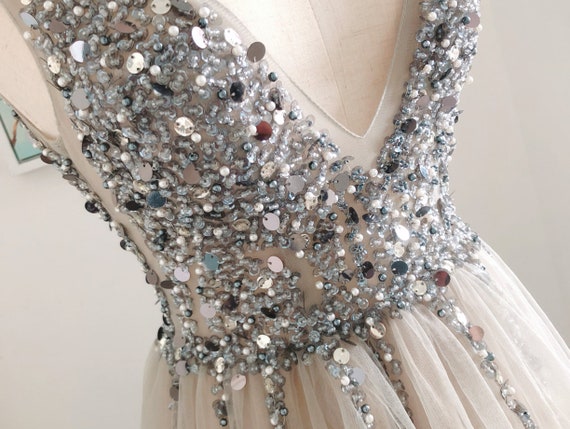 Grey Sequin Prom Dress: Deep V Neck Tulle Evening Gown - Etsy Israel Grey Sequin Prom Dress: Deep V Neck Tulle Evening Gown - Etsy Israel