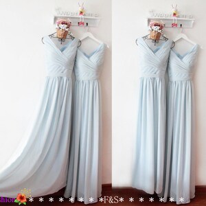 Dusty Blue Bridesmaid Dresses Vintage Dusty Blue V Neck Bridesmaid Dress with Belt Plus Size Bridesmaid Dresses image 4