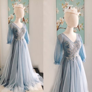 Blue Tulle Bridesmaid Dress Long Sleeve,Vintage V Tulle Bridesmaid Dress,Cheap Lace Up Prom Evening Dresses