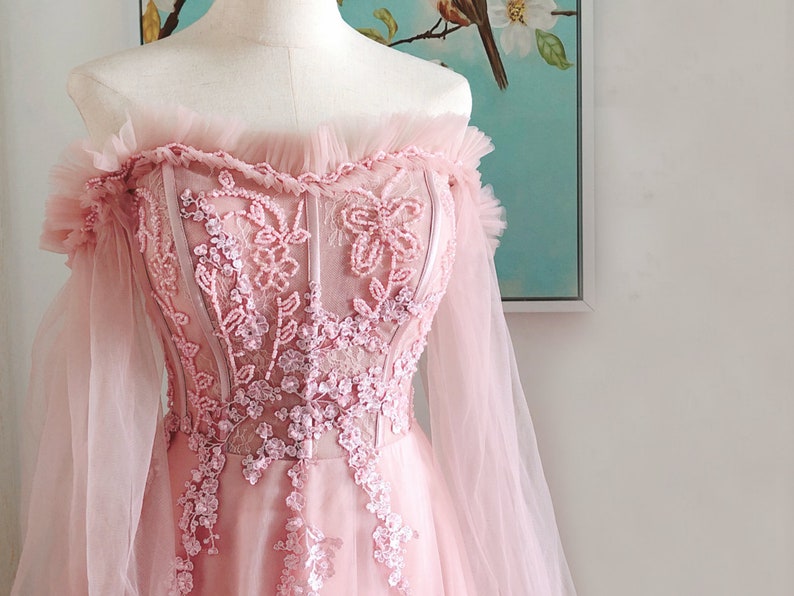 blush fairy prom dresses,long blush pink prom dresses with long sleeve,pink formal prom dresses image 4