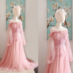 blush fairy prom dresses,long blush pink prom dresses with long sleeve,pink formal prom dresses image 1