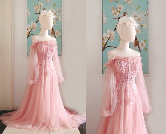 FashionStreets Sweetheart Prom Dresses Beaded Long Sleeve Fairy Prom Dress,long Blush Pink Bridesmaid Dress with sleeves,pink Formal Prom Dresses