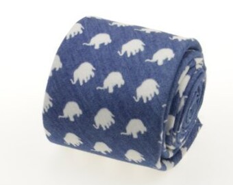 Elephant Print Denim Tie: Blue Cotton Novelty Tie