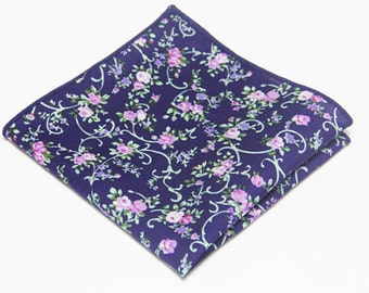 Navy Floral Pocket Square.Navy Floral Print Handkerchief. Navy Jacquard Hanky.Wedding.Groomsmen.Gift.With Matching Necktie and Bowtie Option