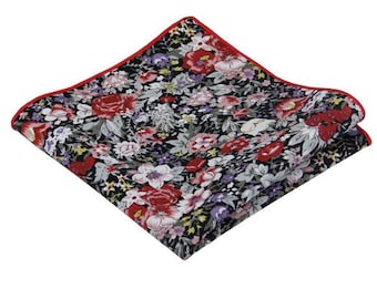 Black Floral Pocket Square.Black Cotton Floral Handkerchief.Black Hankies Floral Pattern.Gifts Ideas.Wedding.Gifts