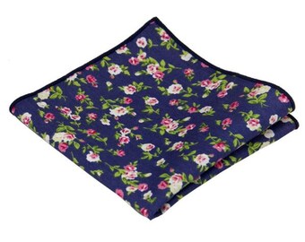 Navy Floral Pocket Square.Navy Handkerchief.Wedding Handkerchief.10"x10"