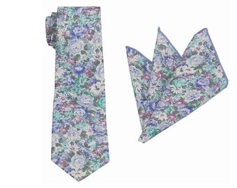 Blue Floral Tie.Blue Floral Tie with Sage Green,Violet Blue and Turquoise Green.Mens Floral Tie.Blue Wedding Tie.