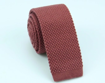 Cinnamon Wool Ties - Terracotta Knitted Color Necktie - Knit Slim Tie - Rustic Tweed Tie - Mens Gift