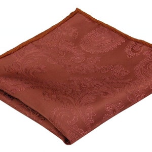 May include: A brown paisley patterned pocket square with a brown border.