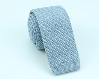 Dusty Blue Wool Ties - Light Blue Knitted Color Necktie - Knit Slim Tie - Rustic Tweed Tie - Mens Gift