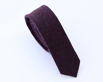 Purple Wool Ties. Dark Purple Neckties for Wedding, Plum Groomsmen Ties, Solid Skinny Woolen Tie.