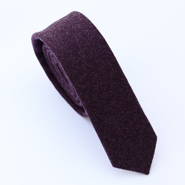 Purple Wool Ties. Dark Purple Neckties for Wedding, Plum Groomsmen Ties, Solid Skinny Woolen Tie.