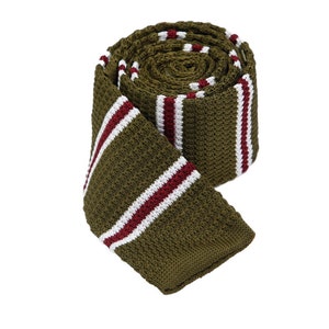Army Green Knitted Ties With White And Red Stripes.Wedding Knitted Ties.Casual Ties.Skinny Ties