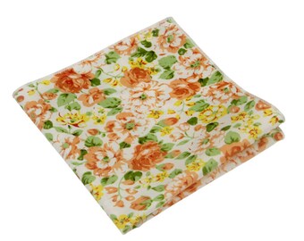 Coral Floral Pocket Square.Coral Cotton Handkerchief.Salmon Pocket Square. Mens Pocket Square .10" x10"