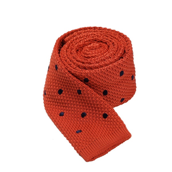 Corbata fina de punto naranja: corbata fina de algodón con lunares negros para bodas, regalos para padrinos de boda y hombres.