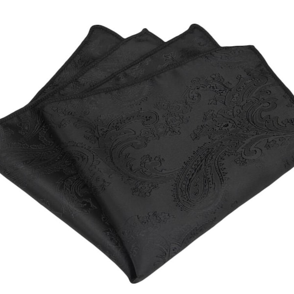 Black Pocket Square.  Paisley Pocket Square. Black Hanky for Wedding Groomsmen Groom.