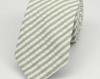 Sage Green Seersucker Neckties for Men. Green Stripe Ties. Eucalyptus Wedding Tie. Mens Gift