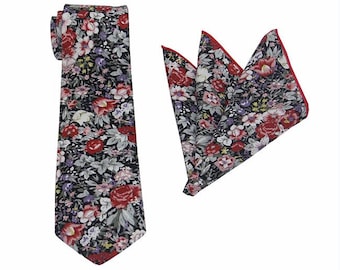 Black Floral Cotton Tie & Pocket Square Set