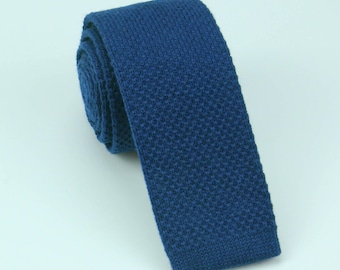 Dark Blue Wool Ties - Navy Knitted Color Necktie - Knit Slim Tie - Rustic Tweed Ties -