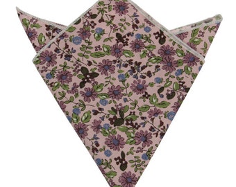 May include: A pink pocket square with a floral pattern in shades of purple, blue, and green.