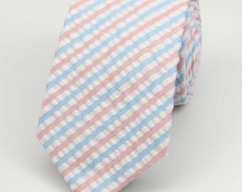 Coral and Pink Seersucker Neckties for Men. Pink Stripe Ties. Mens Gift