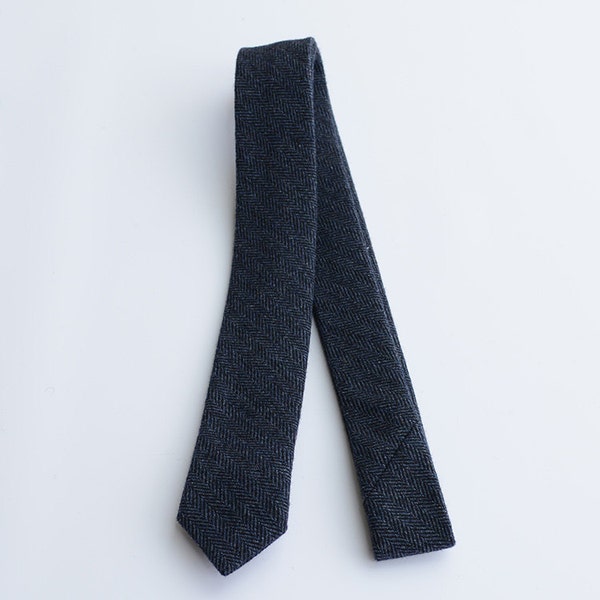 Navy Blue Herringbone Ties. Dark Navy Necktie for Men Wedding. Mens Slim Tweed Tie. Groomsmen Gift.