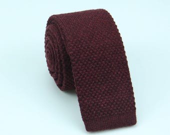 Burgundy Wool Ties - Cranberry Knitted Color Necktie - Knit Slim Rustic Tie - Mens Gift