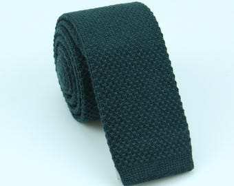 Dark Green Wool Ties - Emerald Forset Knitted Color Necktie - Knit Slim Tie - Mens Gift
