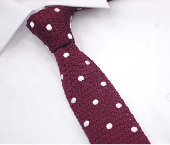 Burgundy Red White Polka Dot Spotted Knitted Tie Square Sock End Formal