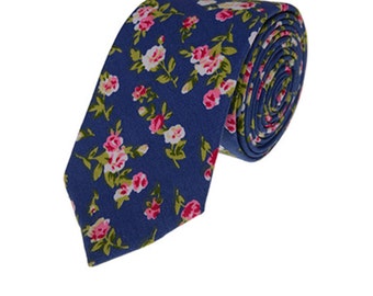 Mens Ties.Navy Floral Ties.Skinny Necktie.Wedding Tie.Mens Floral Necktie.