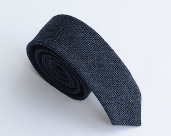 Navy Wool Tie, Navy Neckties for Men, Navy Herringbone Wool Necktie. Navy Blue Tweed Necktie for Groomsmen,Wedding, Rustic ,Classic Tie,