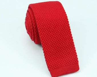 Red Wool Ties - Scarlet Ruby Knitted Color Necktie - Knit Slim Tie -