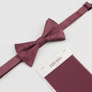 Può includere: Un papillon di colore bordeaux con motivo paisley, mostrato con un campione di tessuto etichettato "David's Bridal".