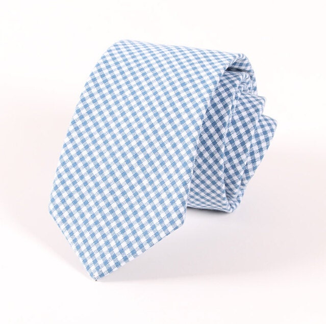 Wedding Tie.Blue Gingham Tie.Cotton Skinny Tie.Necktie for Etsy