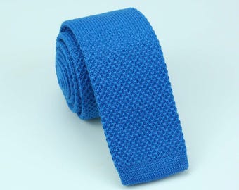 Ocean Blue Wool Ties - Knitted Color Necktie - Knit Slim Tie - Rustic Tie - Mens Gift
