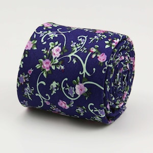 Navy Floral Ties. Navy Blue Floral Print Necktie. Mens Tie Navy Blue